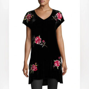 JOHNNY WAS Black Embroidered Roses Floral Velvet Silk Auri Dress Size Large L